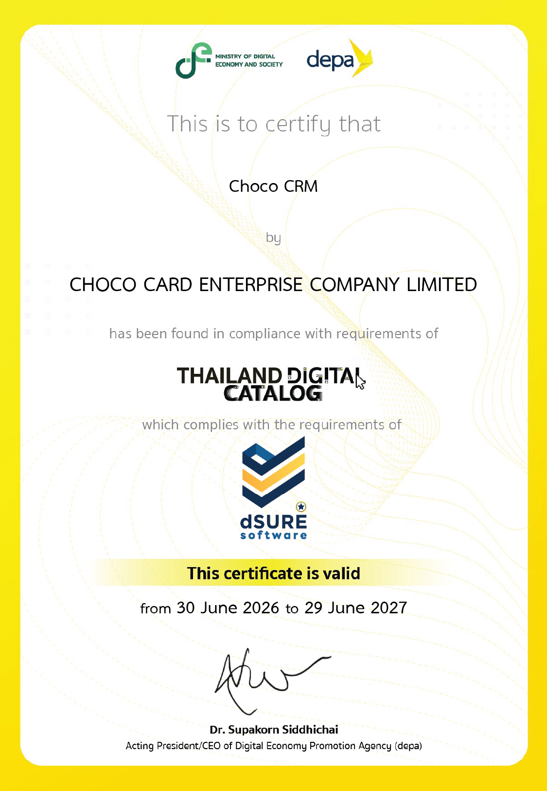 ใบรับรอง Choco CRM ตามข้อกำหนด Thailand Digital Catalog และ dSURE Software จาก depa ปี 2569